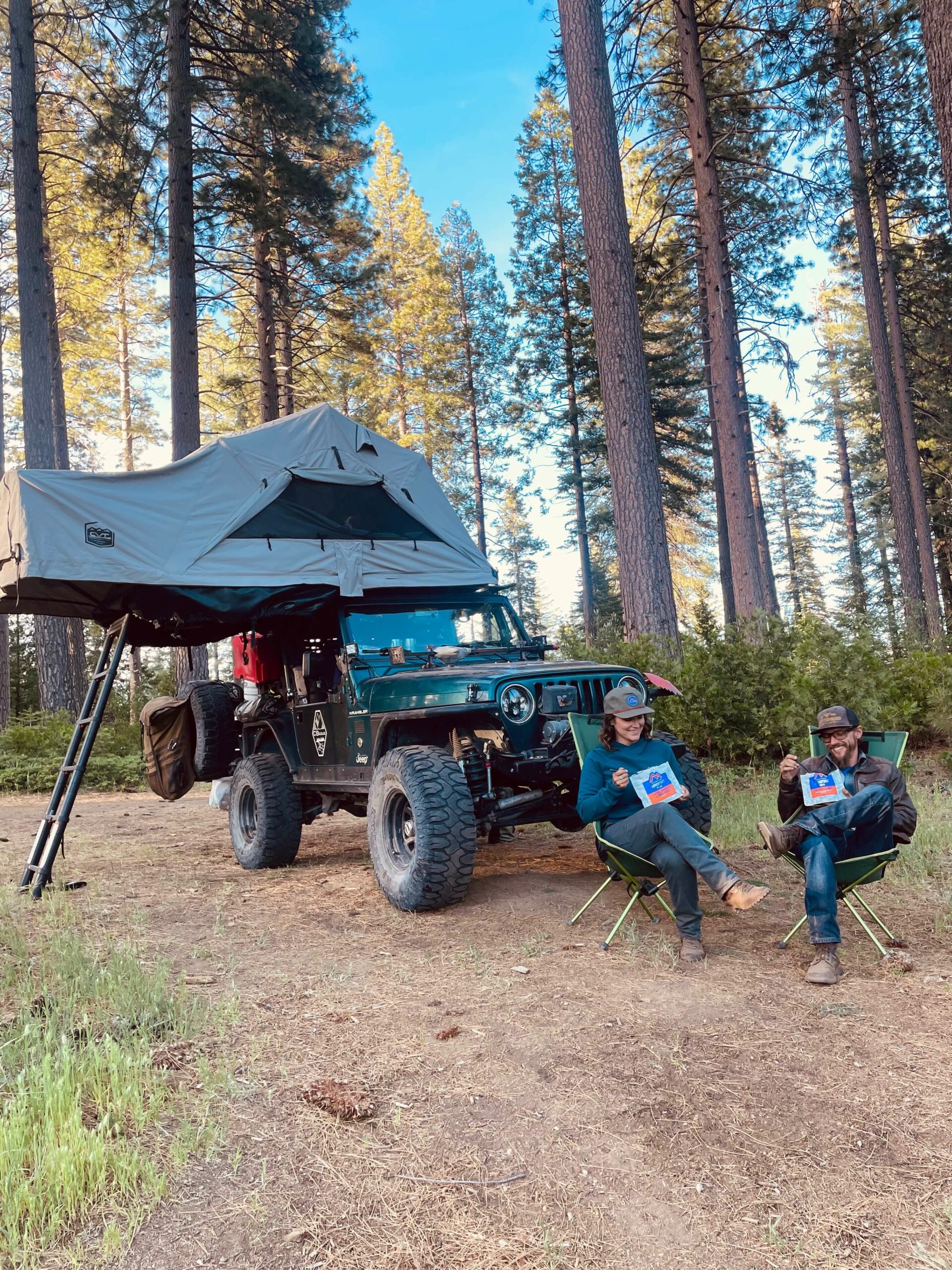 Chelsea and Blake enjoy a Mountain House meal while on the road.