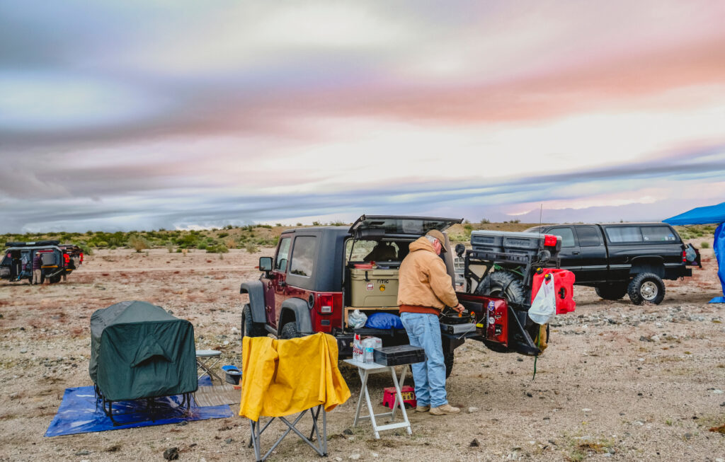 Car camping overland setup in a Jeep