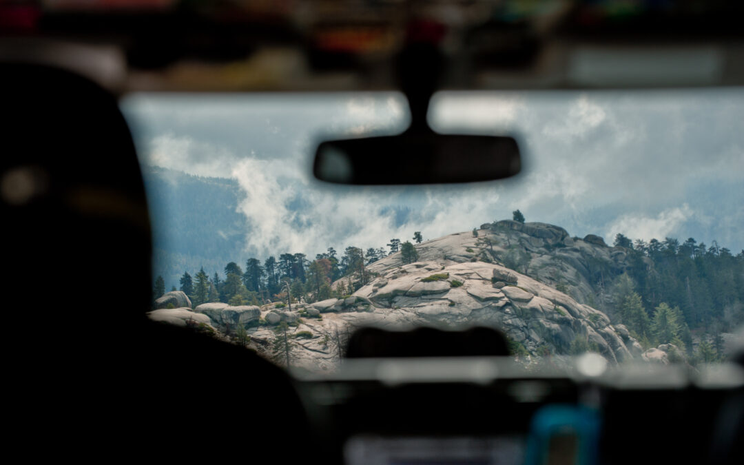 View out of a truck from the dashboard